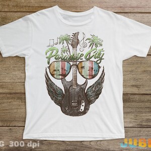May include: White t-shirt with a vintage-style graphic of a guitar, sunglasses, palm trees, and the text "Paradise City".