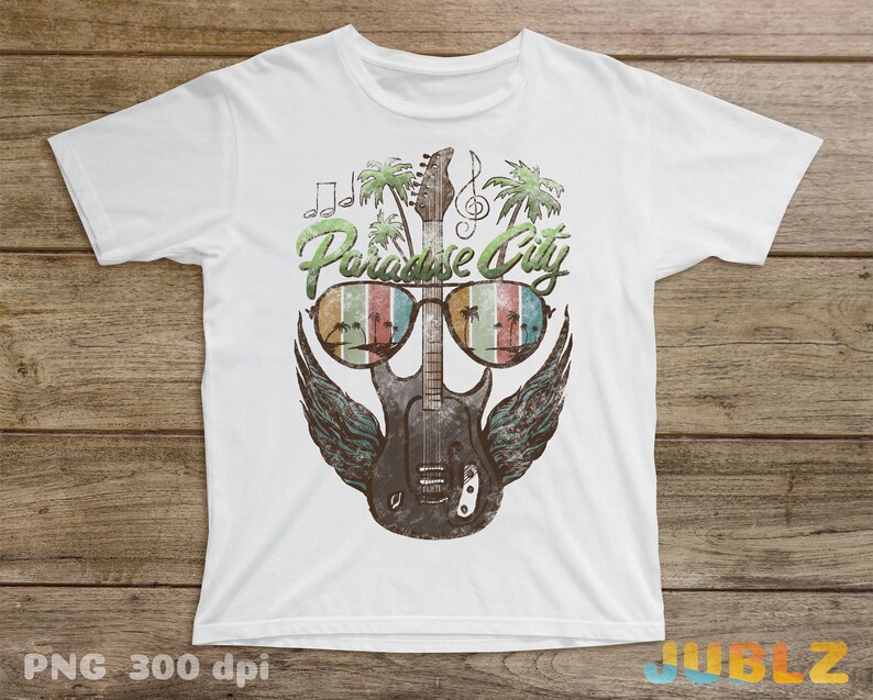 May include: White t-shirt with a vintage-style graphic of a guitar, sunglasses, palm trees, and the text "Paradise City".