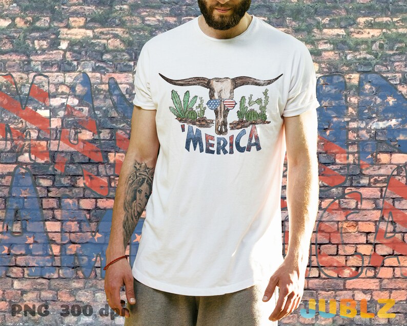 May include: White t-shirt with a skull wearing sunglasses and a red, white, and blue bandana. The skull is surrounded by cacti and the text 'MERICA' is below the skull.