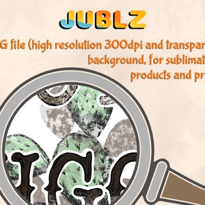 K&ouml;nnte beinhalten: Eine Lupe zeigt ein Muster aus gr&uuml;nen und braunen Kaktus-Illustrationen auf wei&szlig;em Hintergrund. Der Text "JUBLZ" ist &uuml;ber dem Bild sichtbar. Der Text "PNG file (high resolution 300dpi and transparent background, for sublimation products and print)" ist ebenfalls sichtbar.