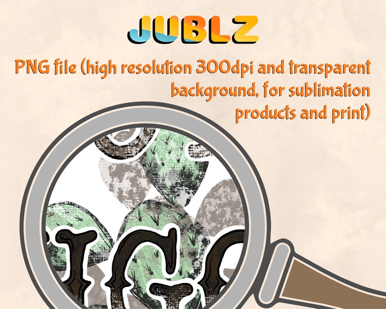 K&ouml;nnte beinhalten: Eine Lupe zeigt ein Muster aus gr&uuml;nen und braunen Kaktus-Illustrationen auf wei&szlig;em Hintergrund. Der Text "JUBLZ" ist &uuml;ber dem Bild sichtbar. Der Text "PNG file (high resolution 300dpi and transparent background, for sublimation products and print)" ist ebenfalls sichtbar.