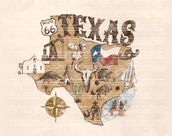 Texas Symbols Retro Sublimation Design: Grunge State Clipart (PNG)