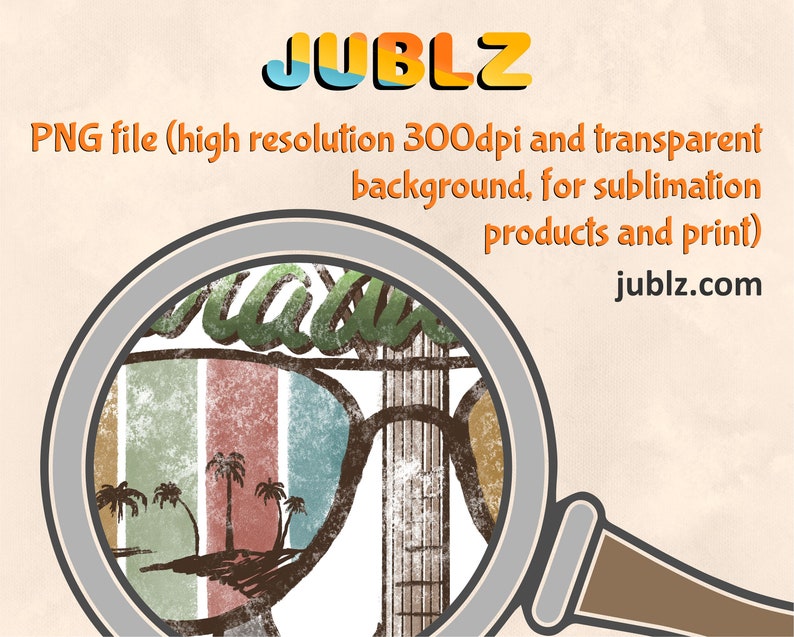May include: A vintage-style illustration of sunglasses with palm trees reflected in the lenses. The image has a distressed, textured look and is set against a white background. The text "JUBLZ" appears above the image.