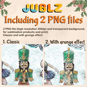 May include: Two digital illustrations of a nutcracker playing a drum. The nutcracker is wearing a green hat and a red and gold uniform. The background is a blue and white winter scene. The image on the right has a grunge effect.