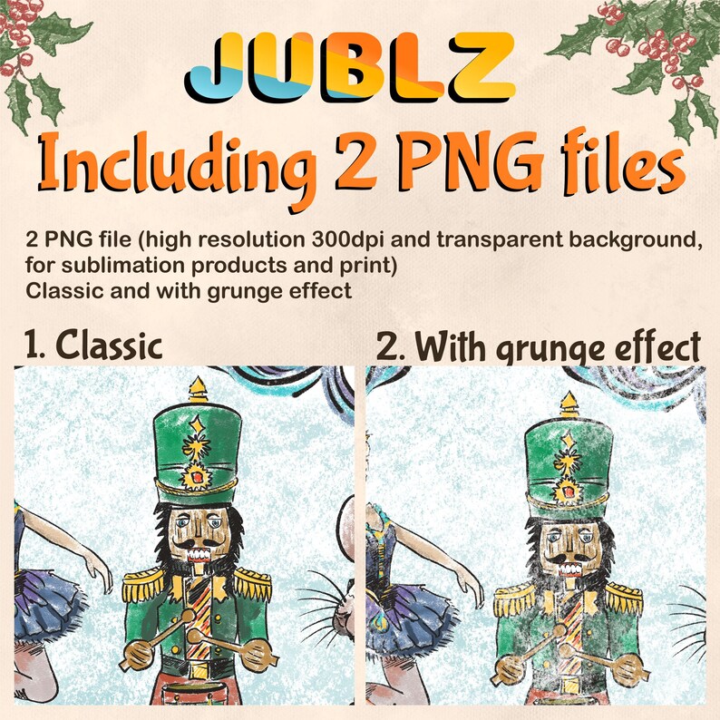 May include: Two digital illustrations of a nutcracker playing a drum. The nutcracker is wearing a green hat and a red and gold uniform. The background is a blue and white winter scene. The image on the right has a grunge effect.