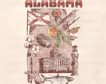 Retro Alabama Symbols PNG: Grunge State Clipart (Digital Download)