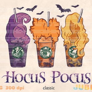 May include: Three Halloween-themed coffee cups with purple, orange, and yellow whipped cream, resembling the Sanderson sisters from the movie Hocus Pocus. The cups have a Starbucks logo and the text "Hocus Pocus" is written below.