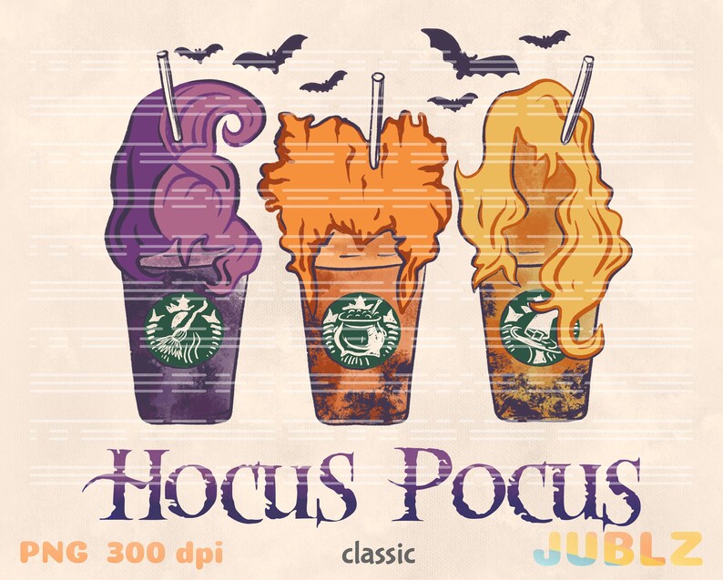 May include: Three Halloween-themed coffee cups with purple, orange, and yellow whipped cream, resembling the Sanderson sisters from the movie Hocus Pocus. The cups have a Starbucks logo and the text "Hocus Pocus" is written below.