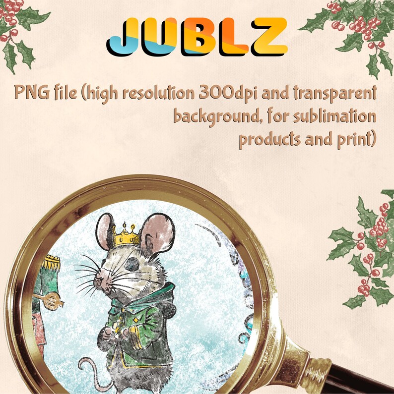 May include: A cartoon illustration of a mouse wearing a green jacket and a gold crown. The mouse is holding a small green object in its paws. The image is set against a snowy background.