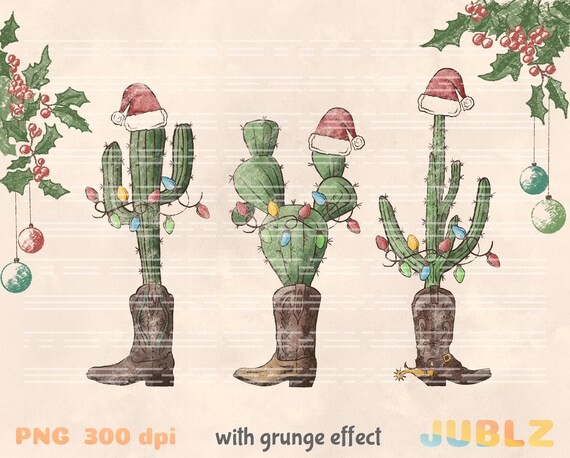 Western Christmas Cactus PNG: Cowboy Boot Holiday Design (Digital Download)