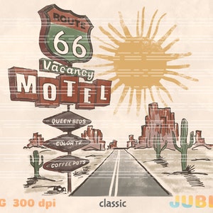 May include: A vintage-style illustration of a Route 66 motel sign with a desert landscape in the background. The sign reads "Route 66 Vacancy Motel" with a green and red color scheme. The desert landscape includes a road, cacti, and a sun.