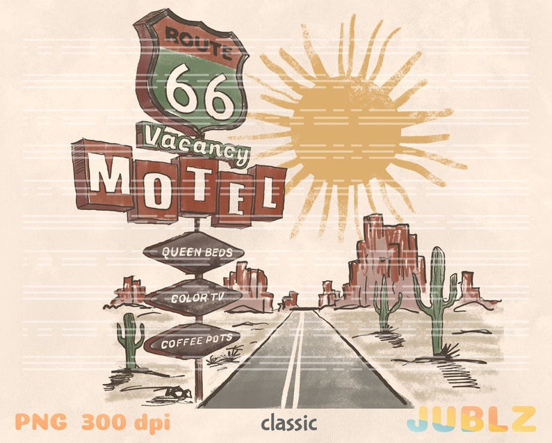 May include: A vintage-style illustration of a Route 66 motel sign with a desert landscape in the background. The sign reads "Route 66 Vacancy Motel" with a green and red color scheme. The desert landscape includes a road, cacti, and a sun.