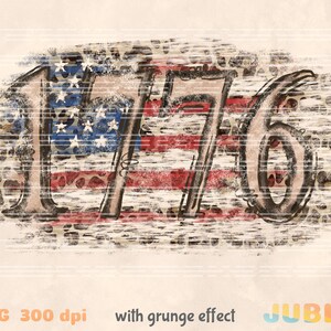 May include: A distressed, grunge-style graphic design featuring the number 1776 with an American flag background. The design has a vintage, patriotic feel.