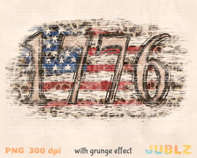 May include: A distressed, grunge-style graphic design featuring the number 1776 with an American flag background. The design has a vintage, patriotic feel.