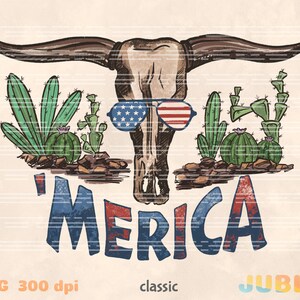 May include: A watercolor illustration of a cow skull wearing red, white, and blue sunglasses with the word 'MERICA' written below. The skull is surrounded by green cacti.