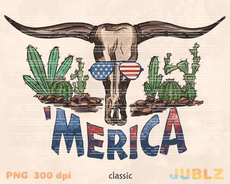 May include: A watercolor illustration of a cow skull wearing red, white, and blue sunglasses with the word 'MERICA' written below. The skull is surrounded by green cacti.