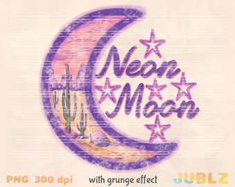 Neon Moon PNG : design rétro western par sublimation (téléchargement numérique)