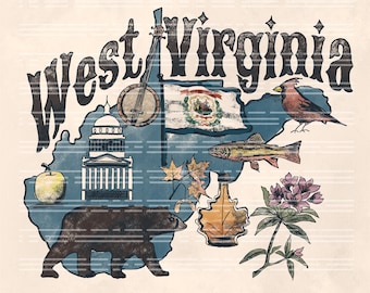 West Virginia State Symbols PNG: Retro Grunge Design (Digital Download)