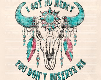 Boho Bull Skull PNG: Turkusowy wzór sublimacji w stylu western (pobranie cyfrowe)