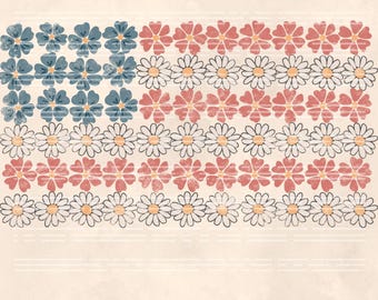 May include: A digital graphic design featuring a flag pattern composed of rows of flowers. The top left section has blue flowers, while the remaining rows alternate between red and white daisy-like flowers. Text at the bottom reads PNG 300 dpi with grunge effect JUBLZ.