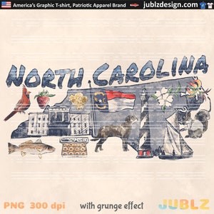 May include: A blue and white illustration of the state of North Carolina with various icons representing the state, including a cardinal, a strawberry, a lighthouse, a sailboat, a dog, and a fish. The text "NORTH CAROLINA" is written in blue at the top of the image. The text "PNG 300 dpi with grunge effect JUBLZ" is written at the bottom of the image.