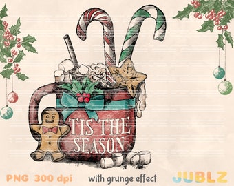 Retro Christmas Hot Cocoa PNG: Grunge Winter Design (Digital Download)