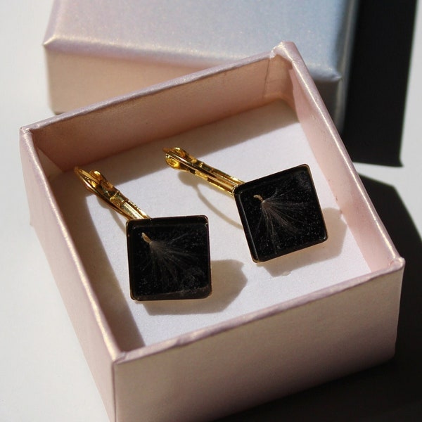 Dandelion earrings. Clear and black dandelion earrings. Rhomb earrings with dandelions. Pusteblume ohrringen.