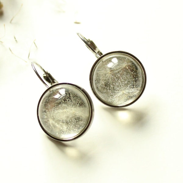 Dandelion earrings. Dangle drop transparent earrings with dandelions. Big drop earrings.