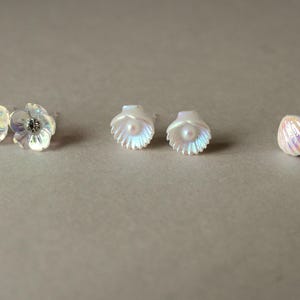Plastic various 8mm stud earrings. Hypoallergenic no-metal small flower and shell earrings.
