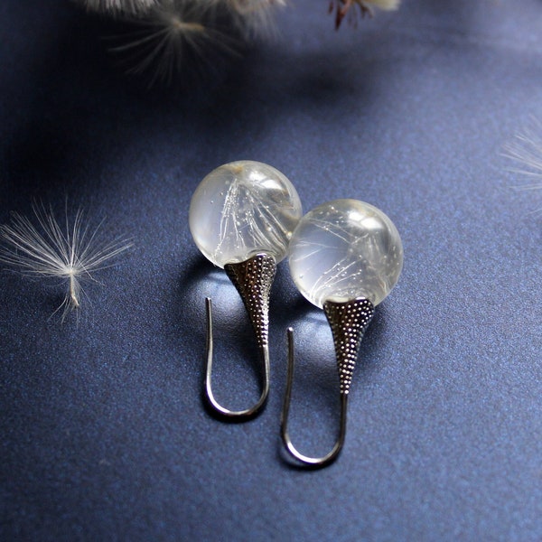 Sphere earrings with real dandelions. Dandelion ball/orb earrings. Kugel ohrringen mit Löwenzahnflaum/Pusteblumen. Ball ohrringe.