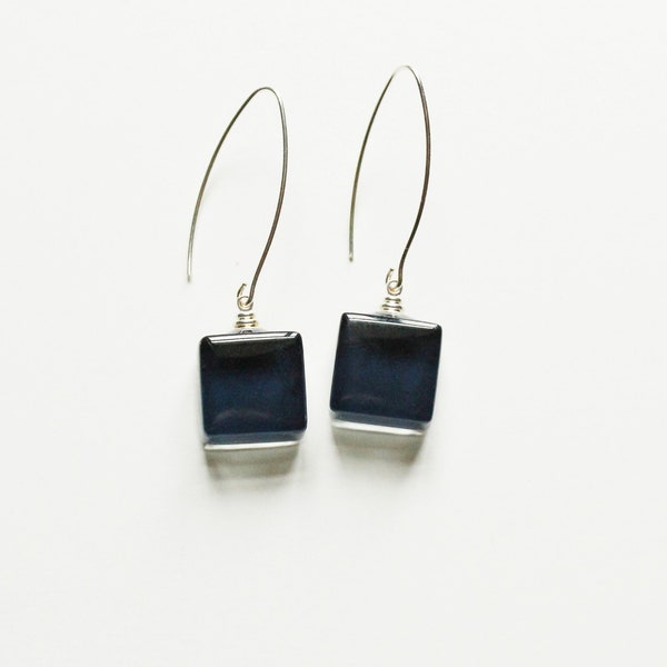 Blue navy glass earrings. Glass and silver earrings. Blue/grey/crack/navy glass earrings with silver hooks. Many variations available.