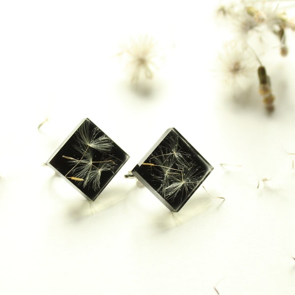 Black earclips with dandelions. Square clip on earrings. Dandelion ear-clips. Schwarz ohrclips mit Pusteblumen.