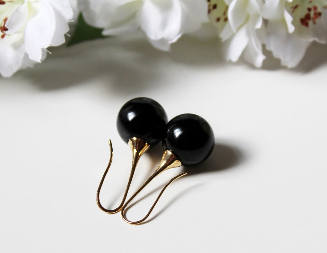 Classic Black Ball Earrings, Big Black Globes, Sphere Black Dangle Earrings, Dangle Black Globes