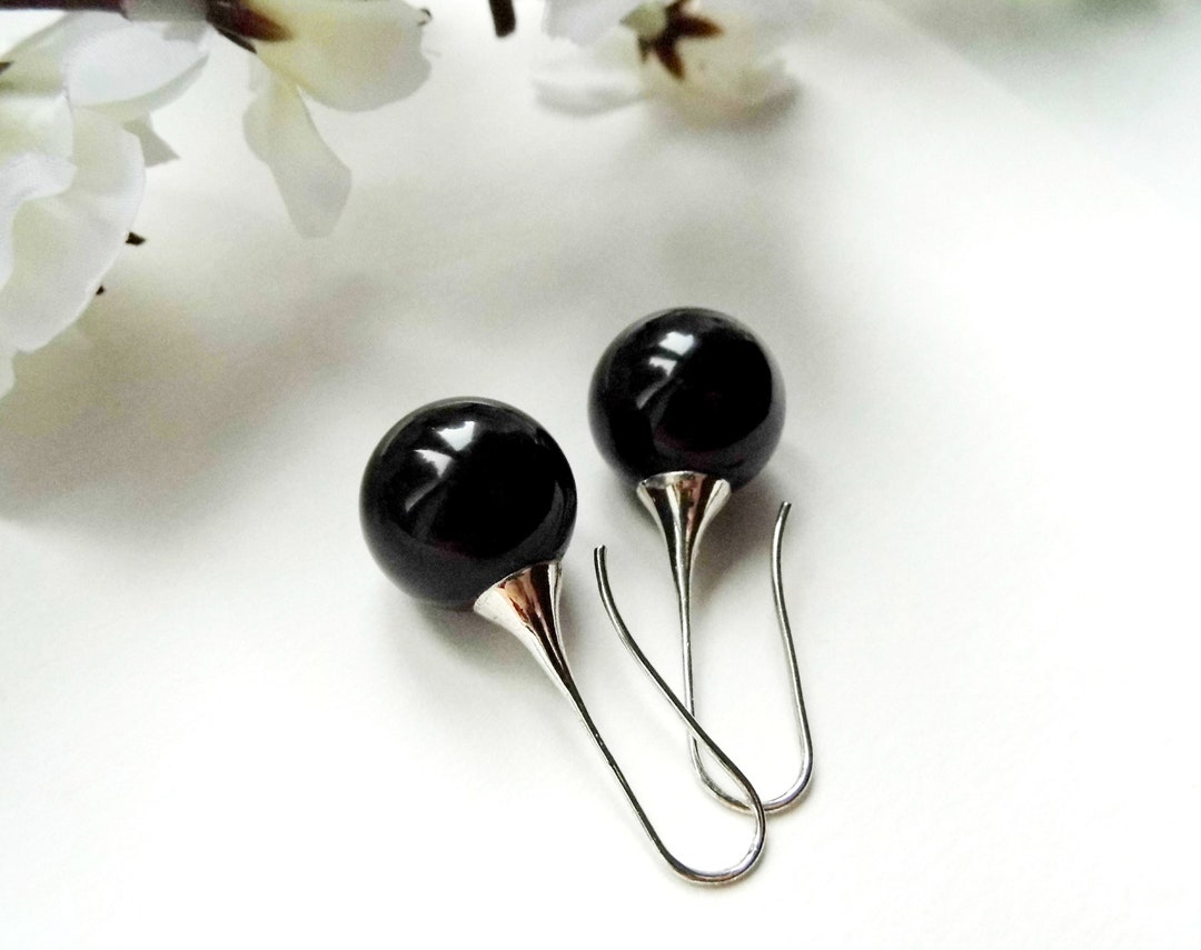 Classic Black Ball Earrings Big Black Globes Sphere Black Etsy