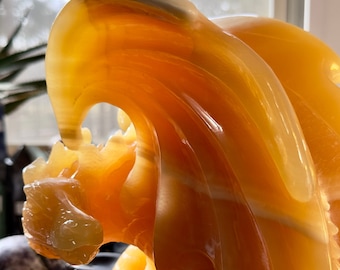 29 lb Orange Calcite Full Body Dragon Carving! 13” Tall!
