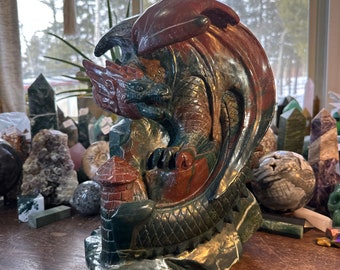 Huge Ocean Jasper Hand Carved Crystal Full Body Dragon! 41 Lbs! 14” Tall