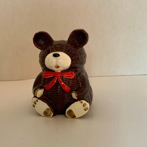Ceramic Teddy Bear Bank Brown with Red Bow
