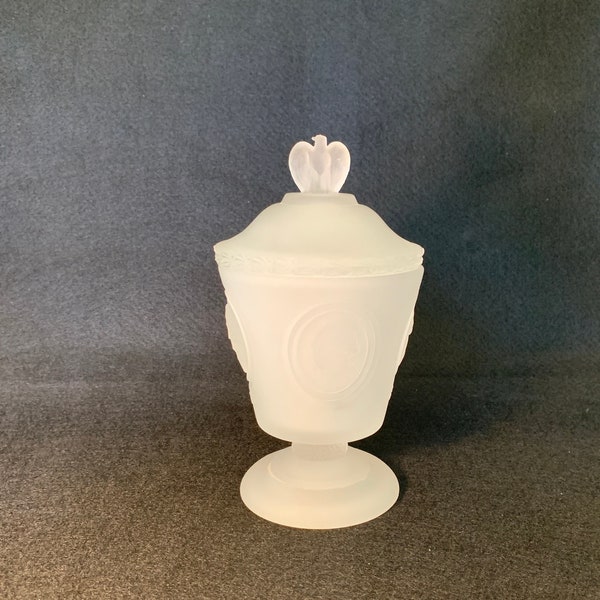 Fenton Frosted White Glass Covered Candy Jar w/Eagle Finial