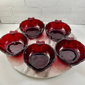 Anchor Hocking Ruby Red Berries Bowls Leaf Shaped Dessert Bowls Set of 5 (#64)