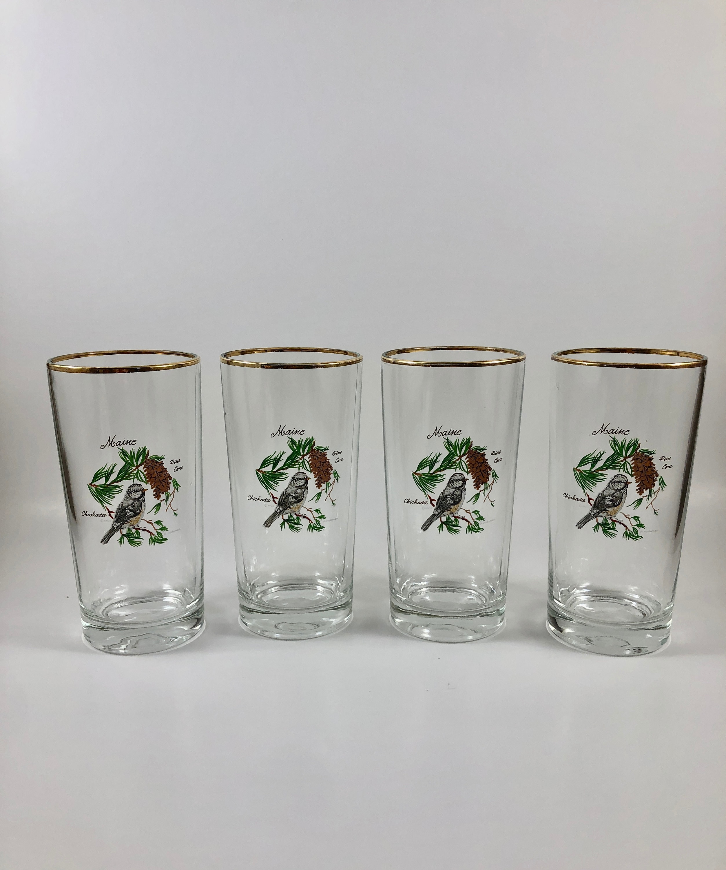 6 Vintage Libbey Christmas Etched Pinecone Gold Rim Glasses