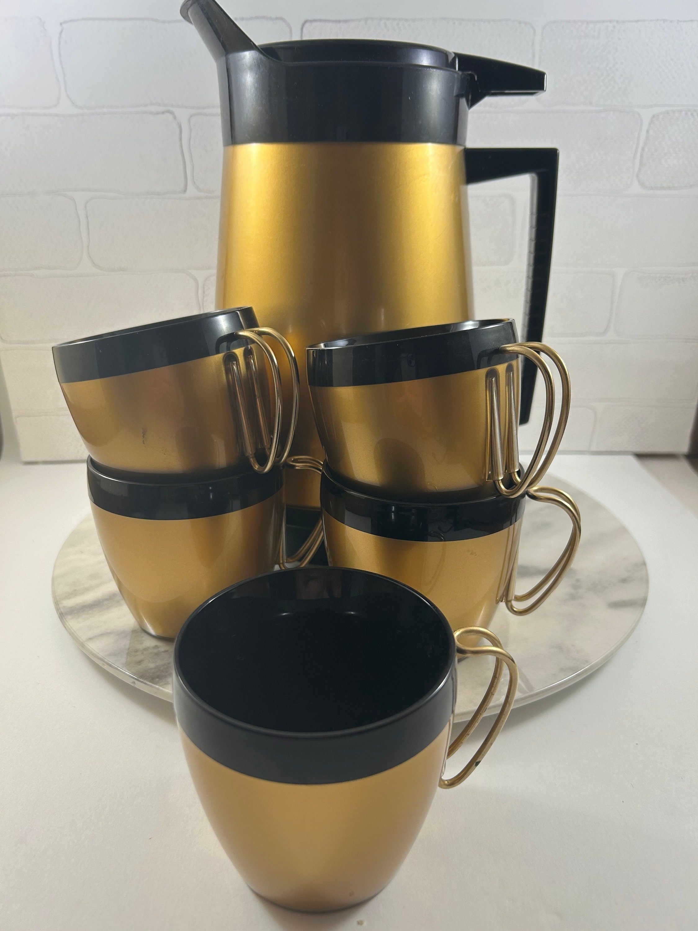 MCM West Bend Coffee Pot and Cups Thermo-serv Gold and Black 6