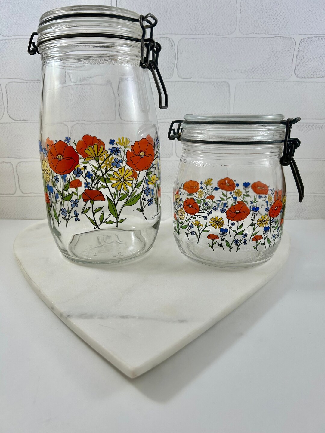 ARC Glass Jars Made in FRANCE Poppies, Flowers Metal Clasp Jars Glass