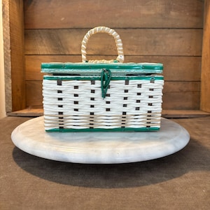 Sewing Basket White Raffia with Green Trim