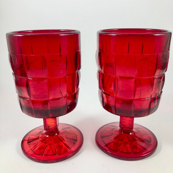 2 Viking Ruby Ashley Basket Weave Goblets Glowing