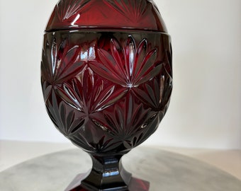 Red Glass Candy Dish, Luminarc, Egg Shaped, Pressed Glass