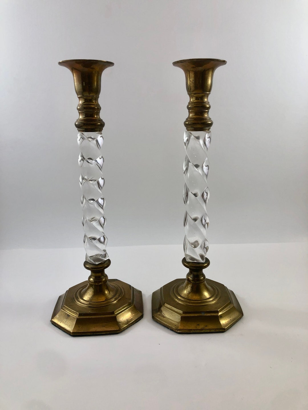 Vintage Brass and Lucite Candle Stick Holders Swirled Lucite Set of 2