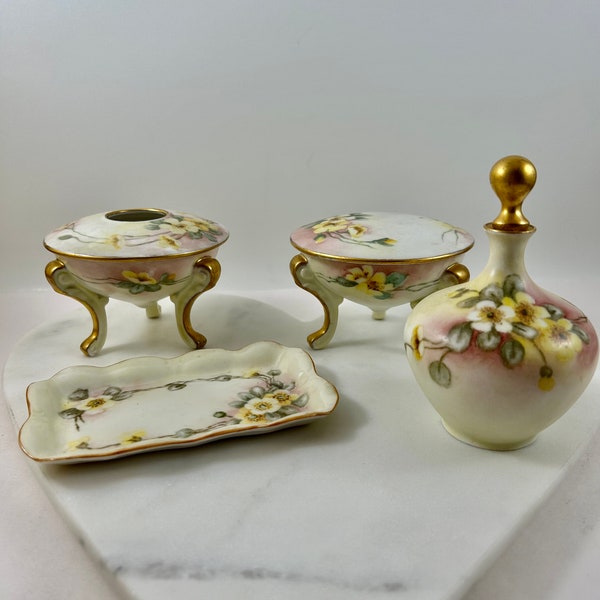 O. & E.G. Royal Porcelain Flowered Dresser Set Austria Perfume Bottle, Hair Receiver, Powder Jar, Tray Pink and Yellow Flowers