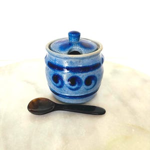German Salt Glaze Stoneware Lidded Jar, Cobalt Blue & Gray Pottery, Condiment Pot with Spoon