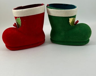 Flocked Green and Red Christmas Santa Boots Set of 2