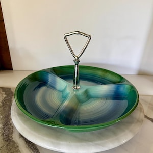 Blue and Green Ceramic Divided Relish Tray, with Handle, California